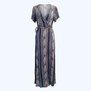 Patrons Of Peace Maxi Dress, Small, Boho Print Wrap Look w/Slit Scandi Girl Ease